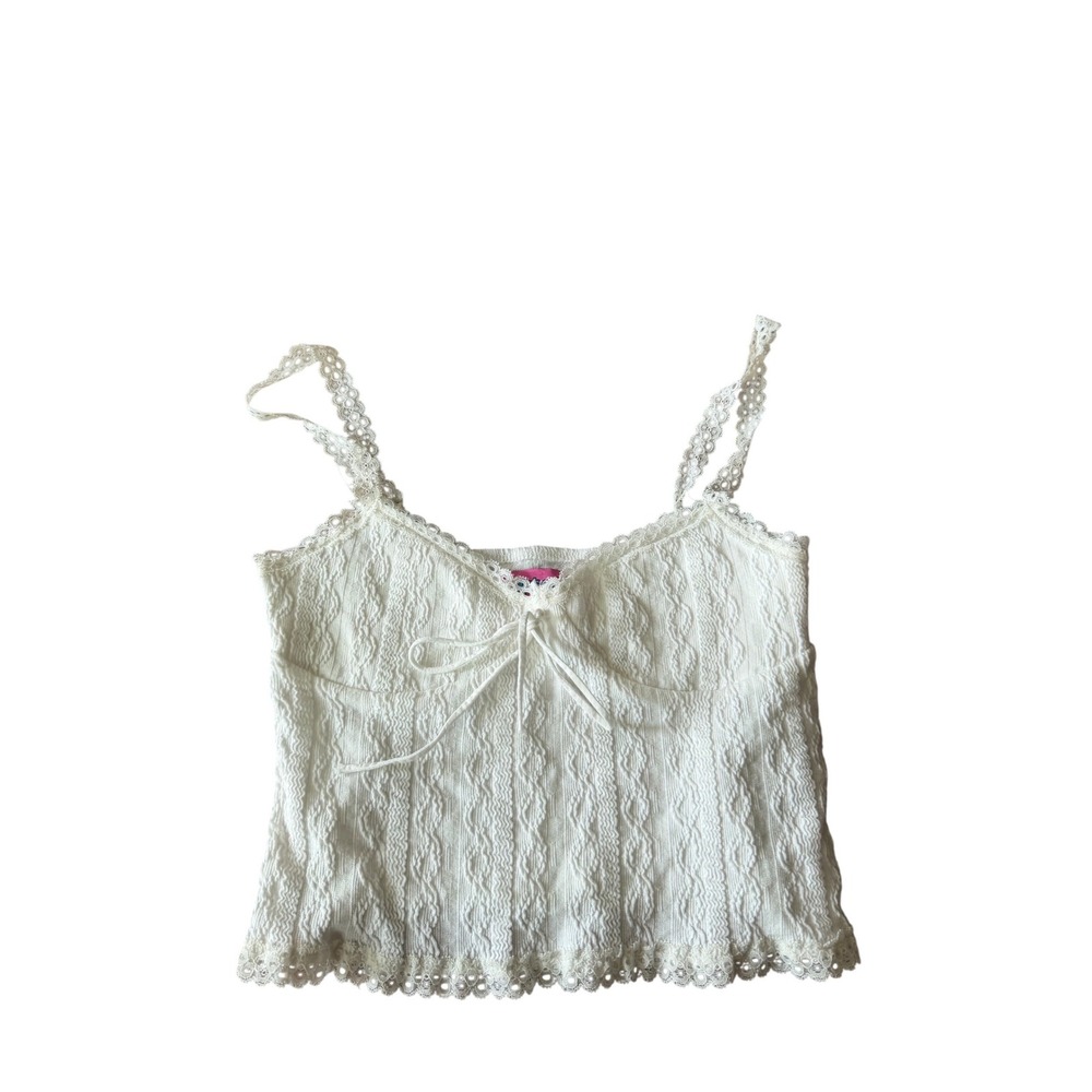 Edikted White Lace Trim Cami Top Womens Medium Textured Bow‎ Front Cropped Tank